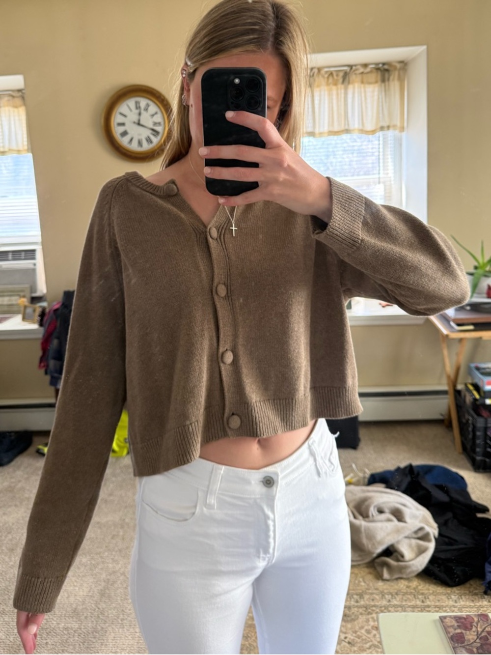 Universal Thread Cropped Button-Front Cardigan in Taupe - Picture 3 of 4